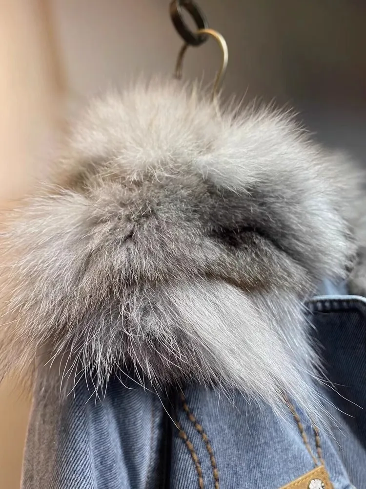 Inverno nuovo addensato parka di pelliccia antivento donne piumino grande collo di pelliccia di volpe cappotto di pelliccia reale giacca di jeans