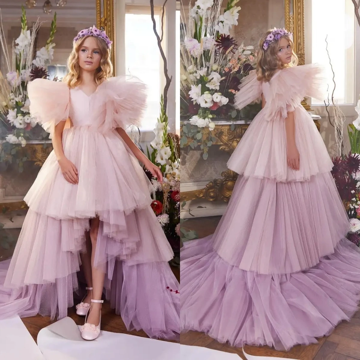 

Elegant Quality Pink Layering Flower Girl Dress Tulle Fluffy For Wedding Ball Dresses Kids Birthday Party Evening Gowns