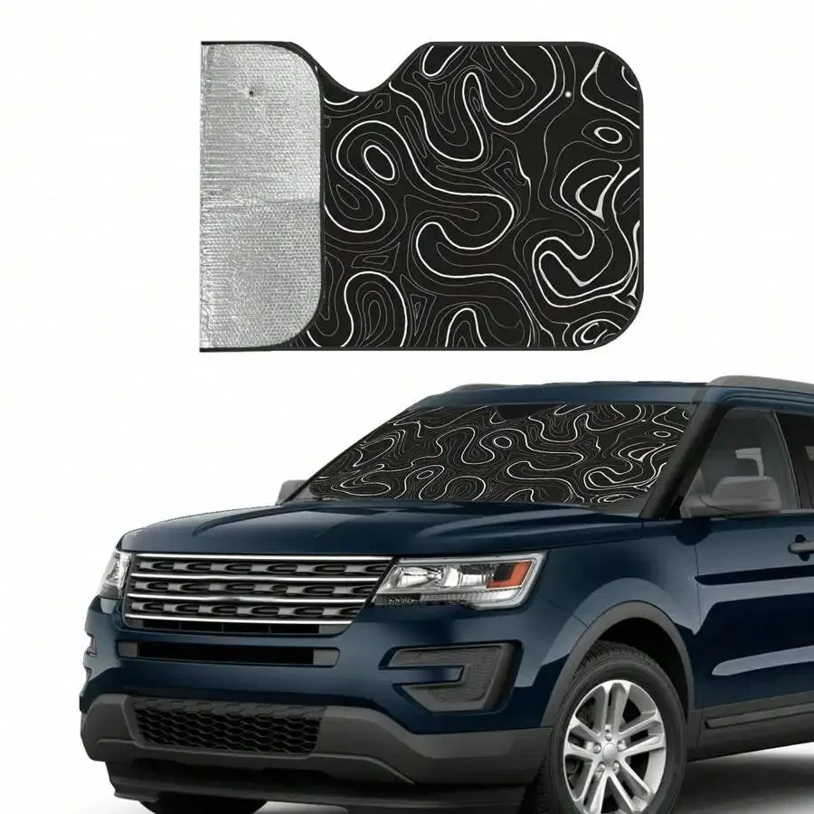 

Black And White Wavy Flow Car Sunshade UV Heat Protection Foldable Universal Front Windshield Cover