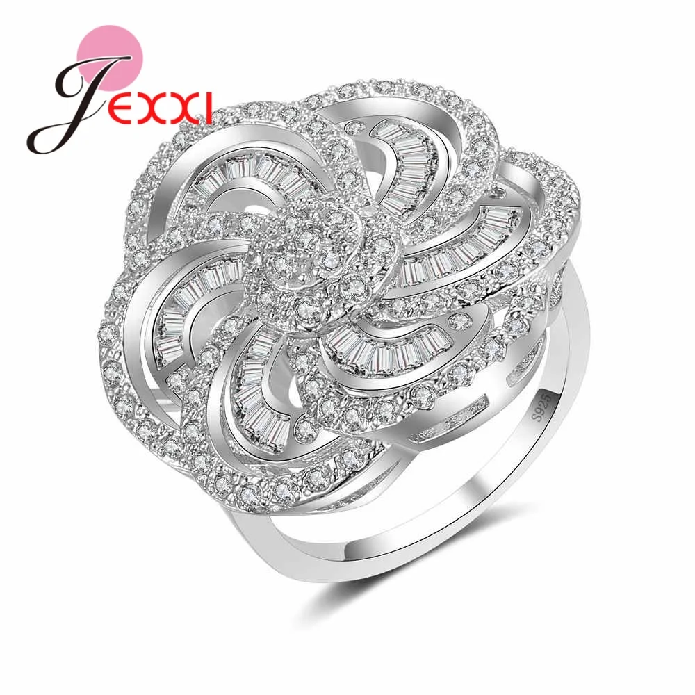 

New Arrivals Big Sunflowers Shaped Real 925 Sterling Silver Color Luxury Band Rings Inlaid 5A Cubic Zirconia Women Bridal Ring