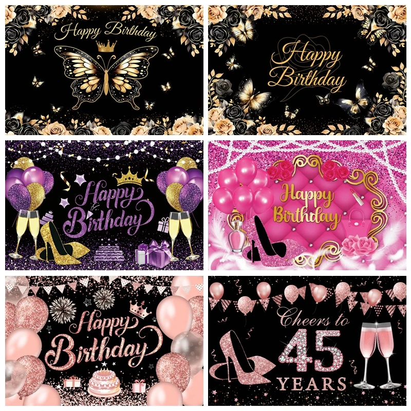 

Adult Happy Birthday Party Backdrop for Photography Golden Glitter Balloons Champagne Gifts Birthday Decor Photo Background