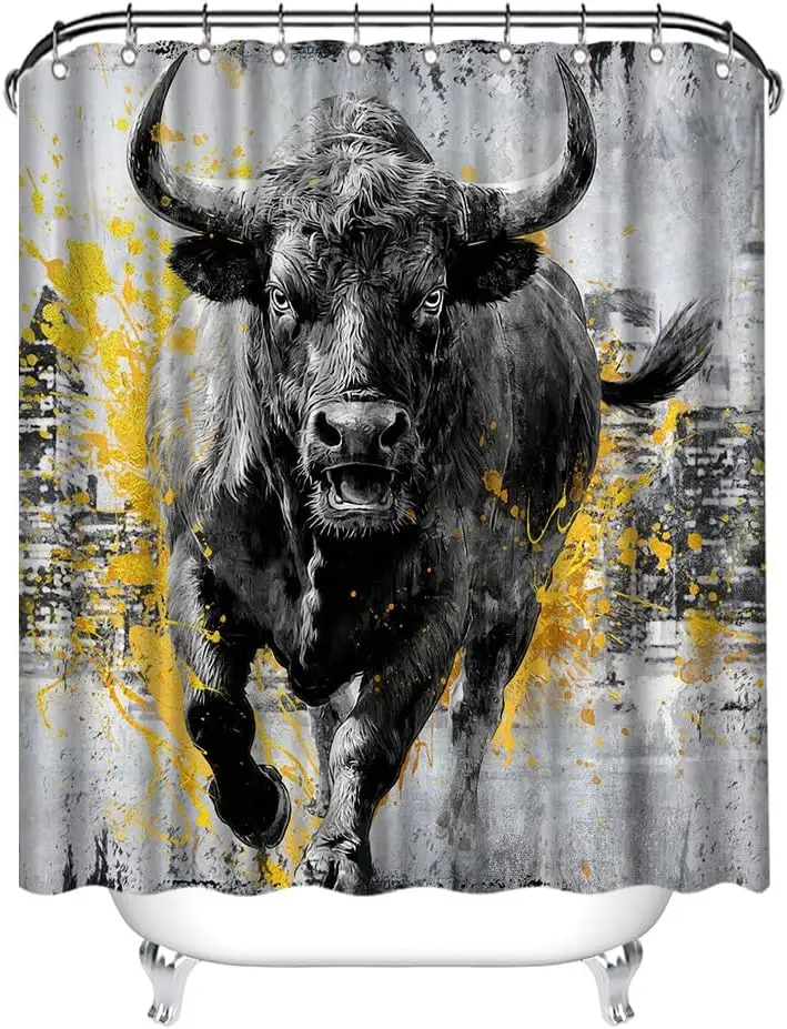 Urban Graffiti Bison Shower Curtain, Charging Bull Golden Ink Splash City Print Waterproof Bath Curtain With Hooks For Washroom