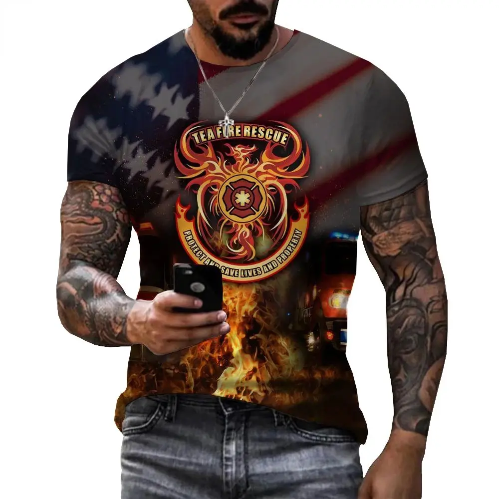 Summer Men\'s 3d Printed Firefighter Hero Soldier Graphic T-Shirt Fashion Casual Harajuku O-Collar Short-Sleeved Plus-Size Top