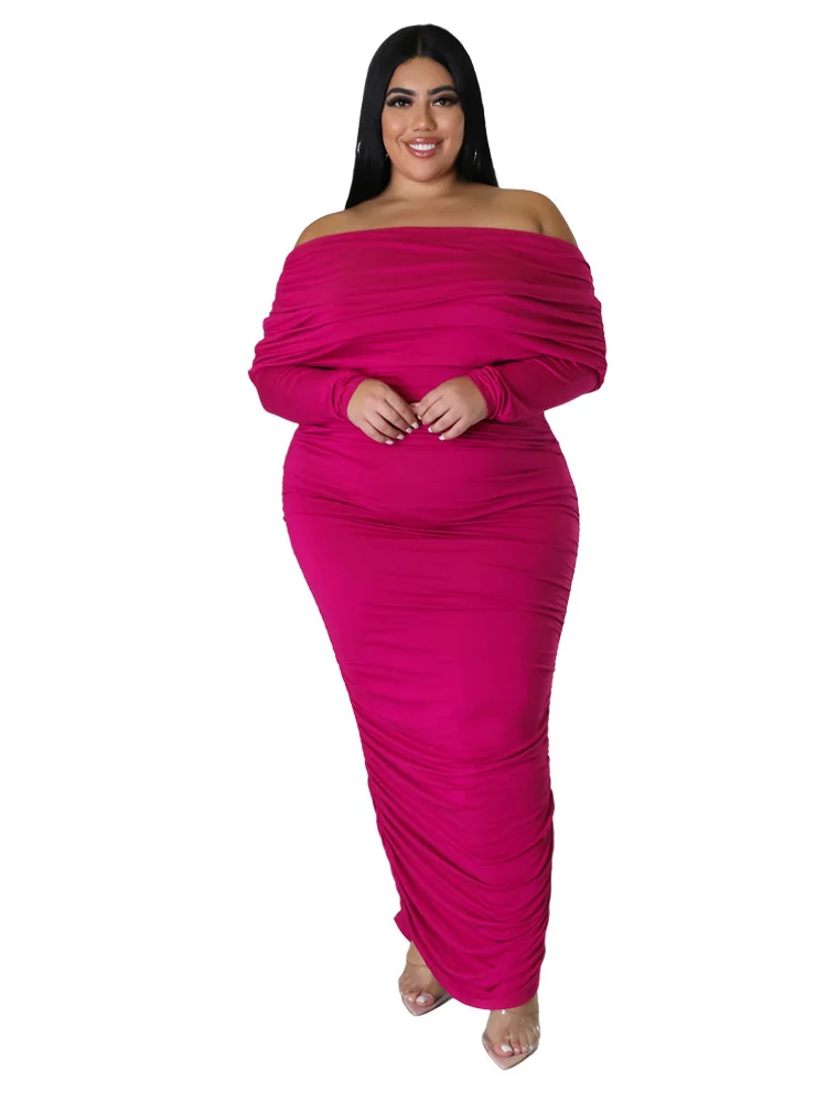 Wmstar Plus Size Dresses for Women Off Shoulder Long Sleeve Sexy Elegant Draped Fashion Maxi Dress Fall Wholesale Dropshipping