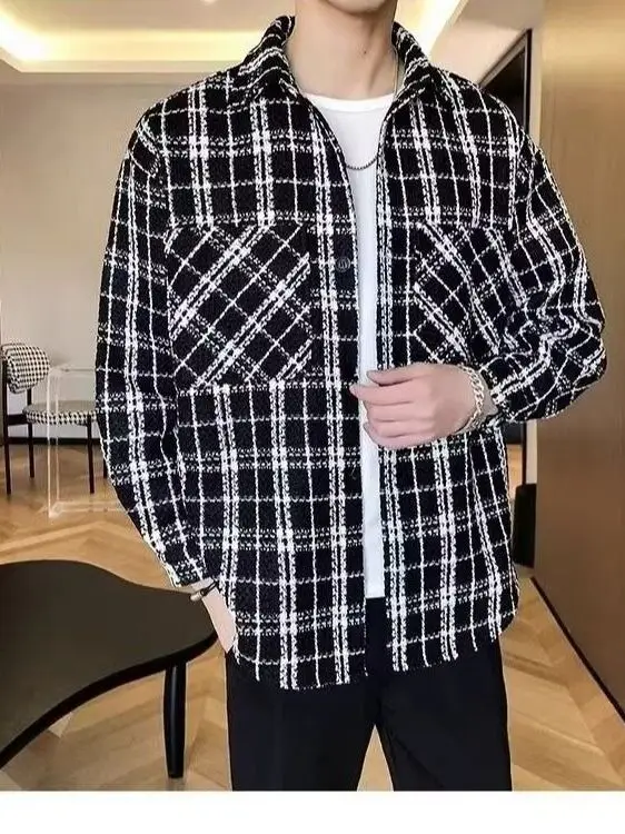 

Американское ретро-пальто в клетку для мужчин, весенне-осеннее, свободного кроя, повседневное, с высоким воротником, из полиэфирного волокна, с длинными рукавами, классический стиль