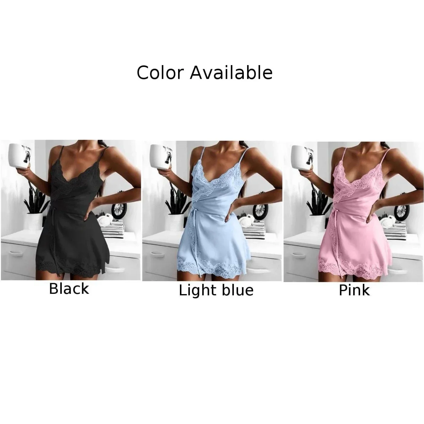 Nightgown Women Gown Sleepdress Sexy Lace Nighty Robe Spaghetti Strap Sleepwear Summer Silk Satin Nightdress Loungewear