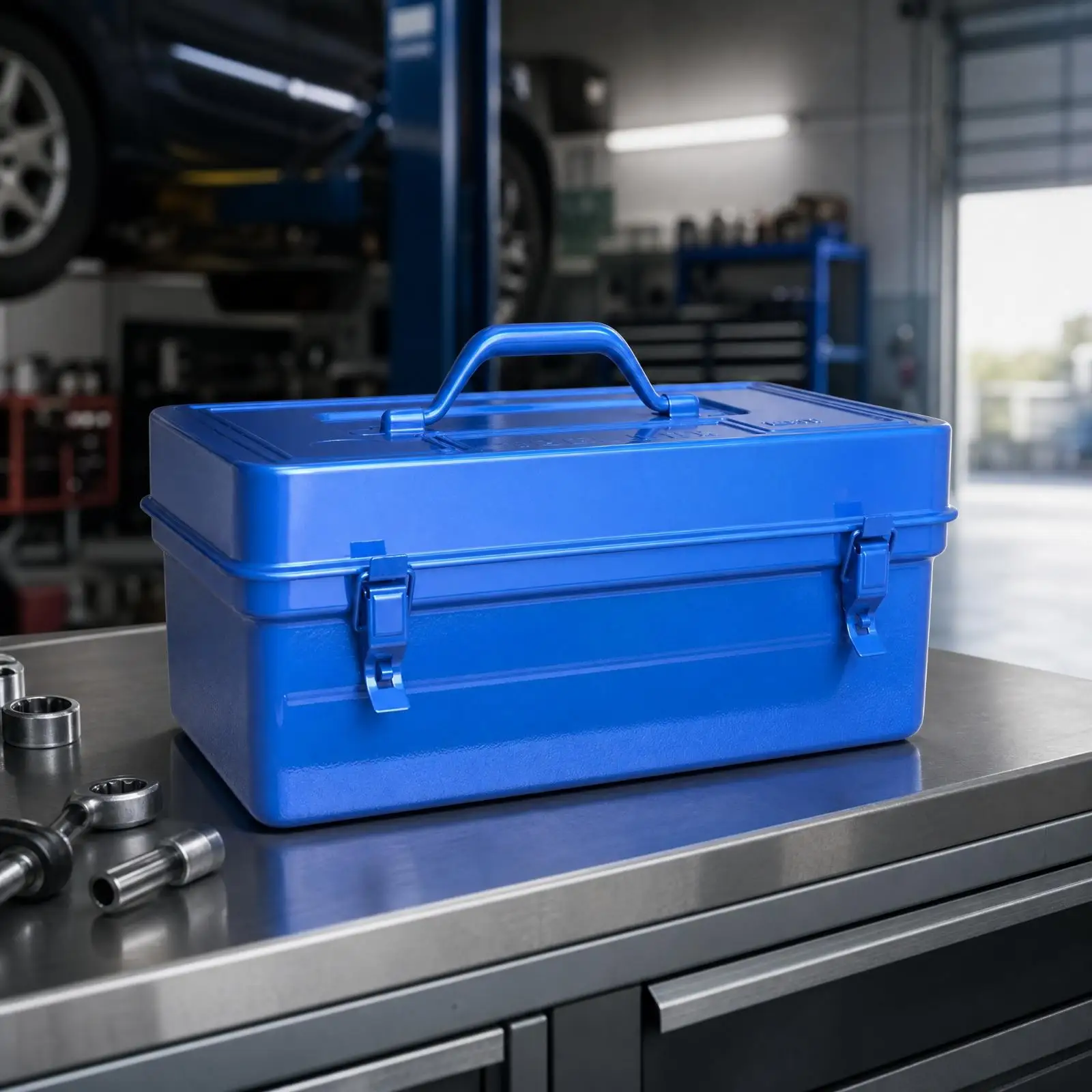 Blue-Hued Metal Handheld with Folding Carry Handle Foldable Locking Metal for Carpentry, Maintenance, Workshop