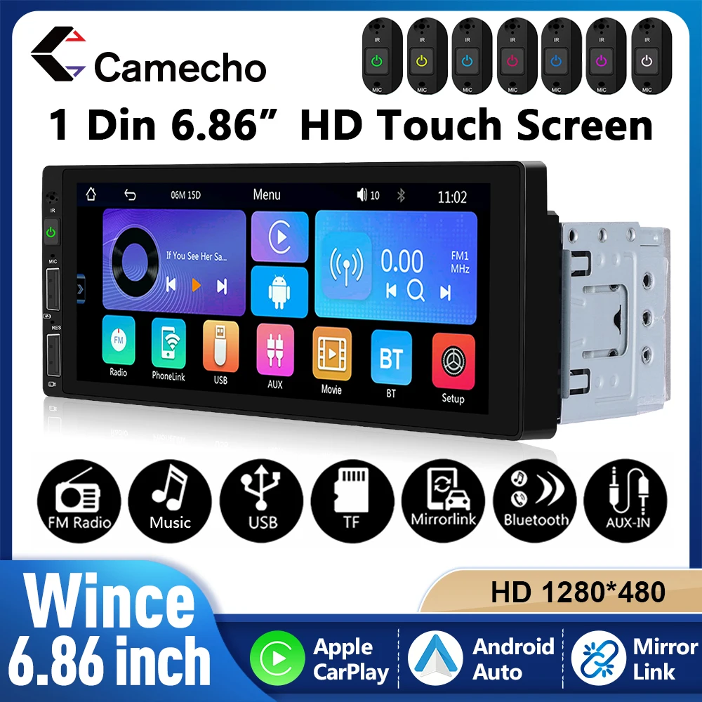 Camecho 1 Din Autoradio 6,86 Zoll Touchscreen Auto MP5 Video Player Bluetooth FM Radio Empfänger 2 USB/Wireless Carplay/Android Auto