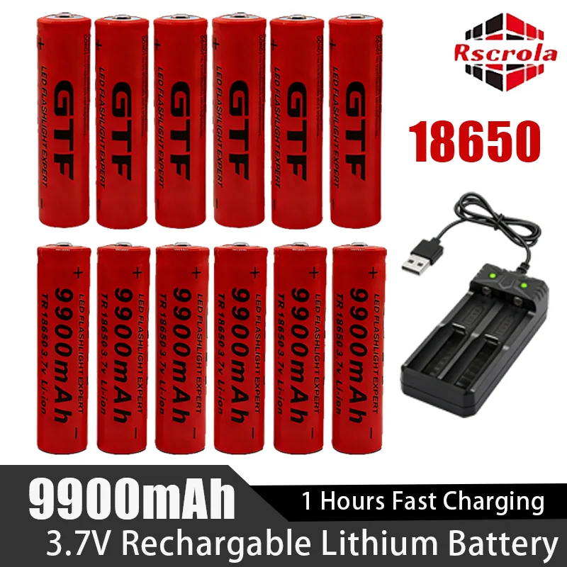 Upgraded 2026 3.7V 18650 Li-ion Battery 9900mAh - Overcharge Protected, LED Flashlight Compatible, With Included Charger