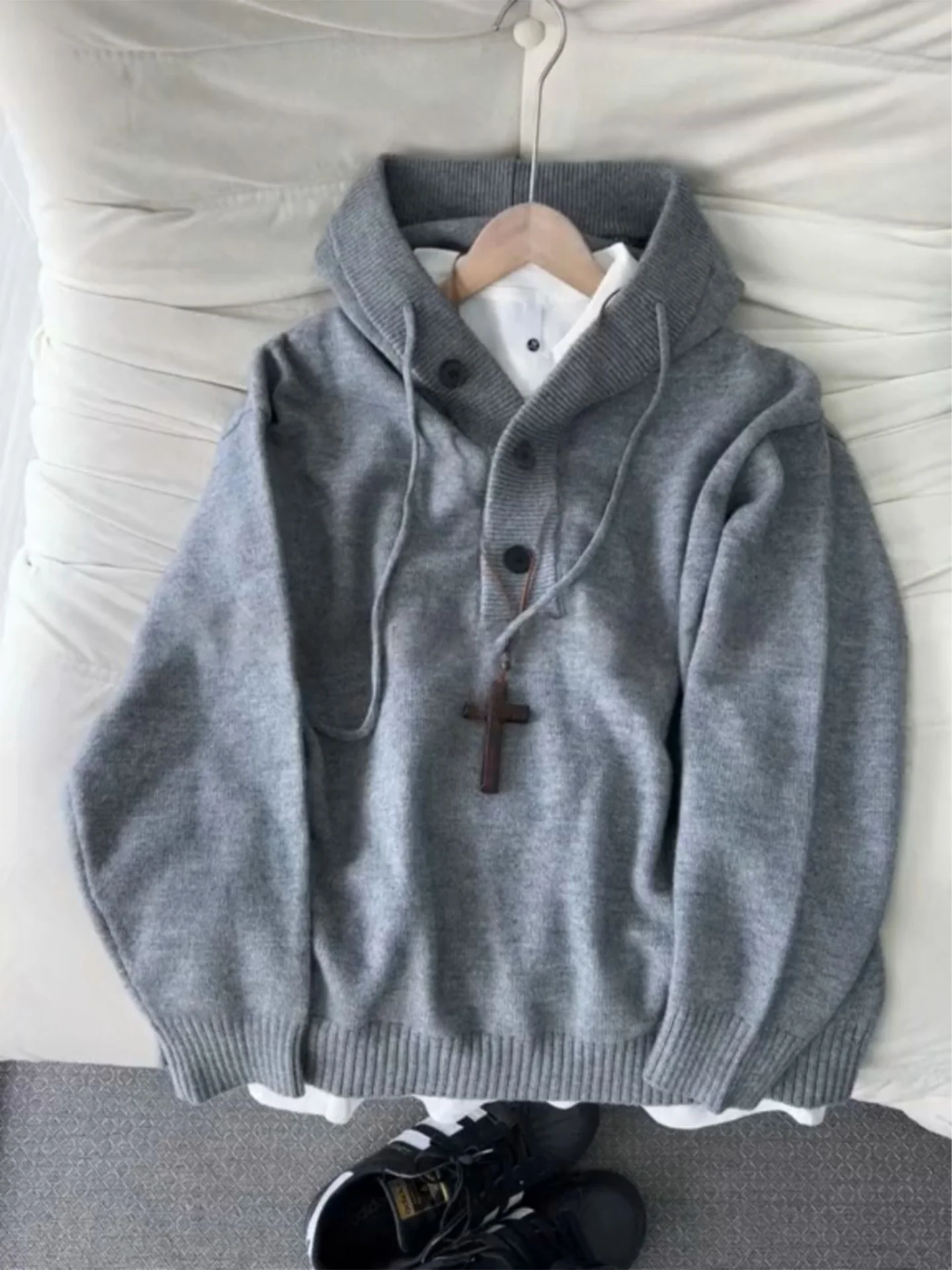 

American Sle Hooded f Open Cardigan Men's Knitted Sweater Autumn Winter Lazy High-End Cleanfit Overhead Henry Collar