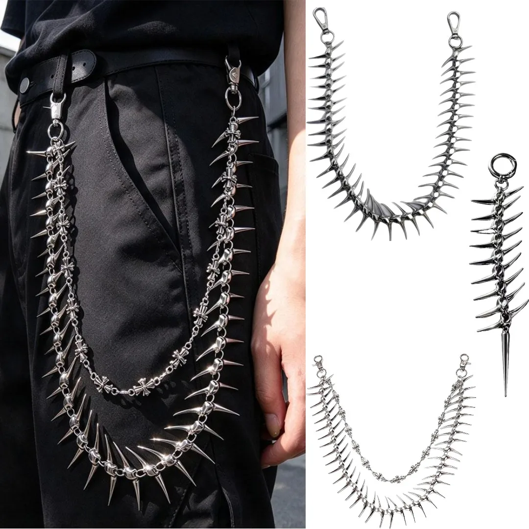 Metal Fishbone Pants Chain Heavy Weight Irregular Skeleton Handmade Splicing Waist Punk Streetwear Hip Hop Show Decor Accessory