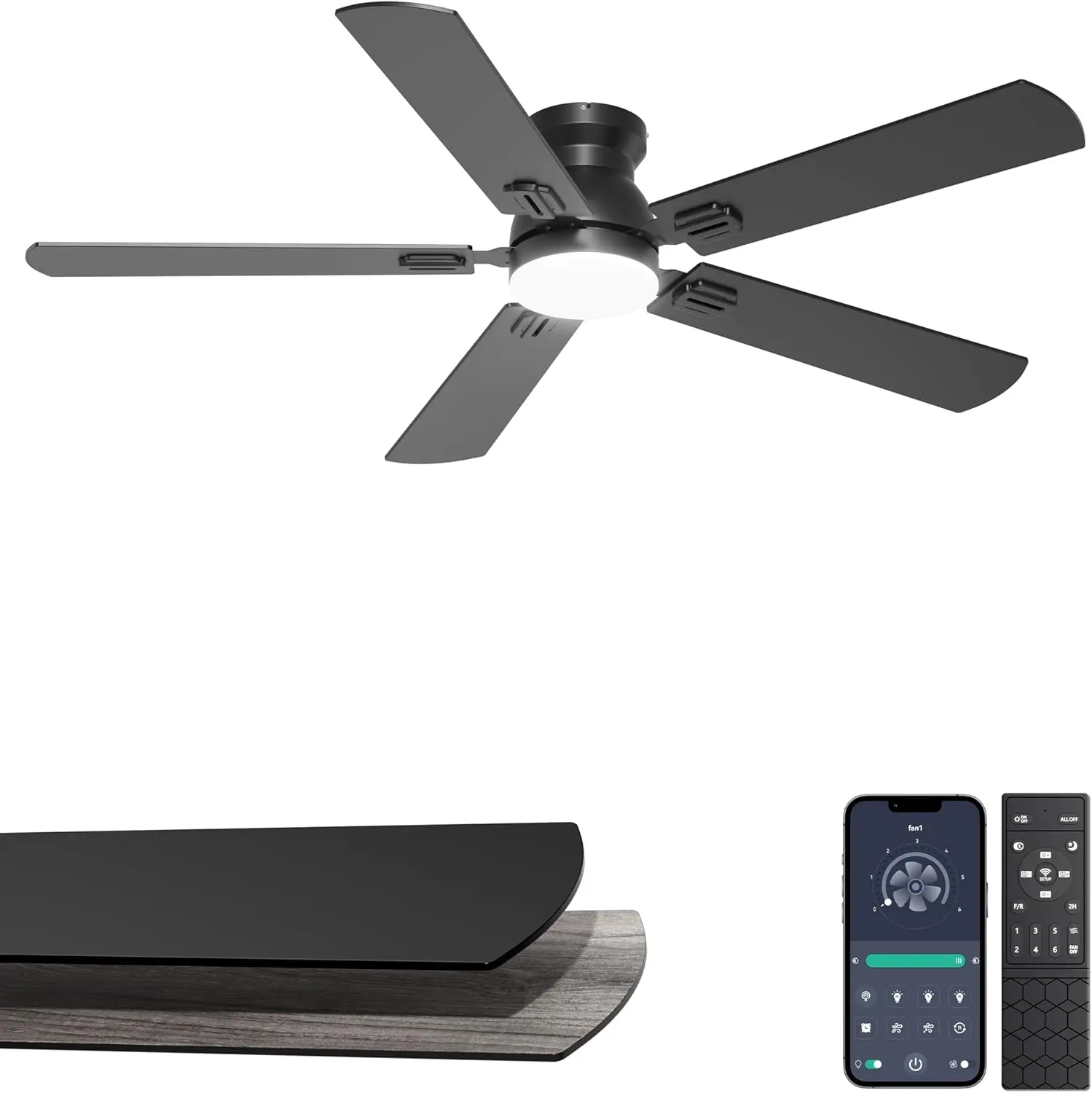 

52" Low Profile Ceiling Fan with Lights, Remote & App Control, Quiet DC Motor, Dimmable LED, Black