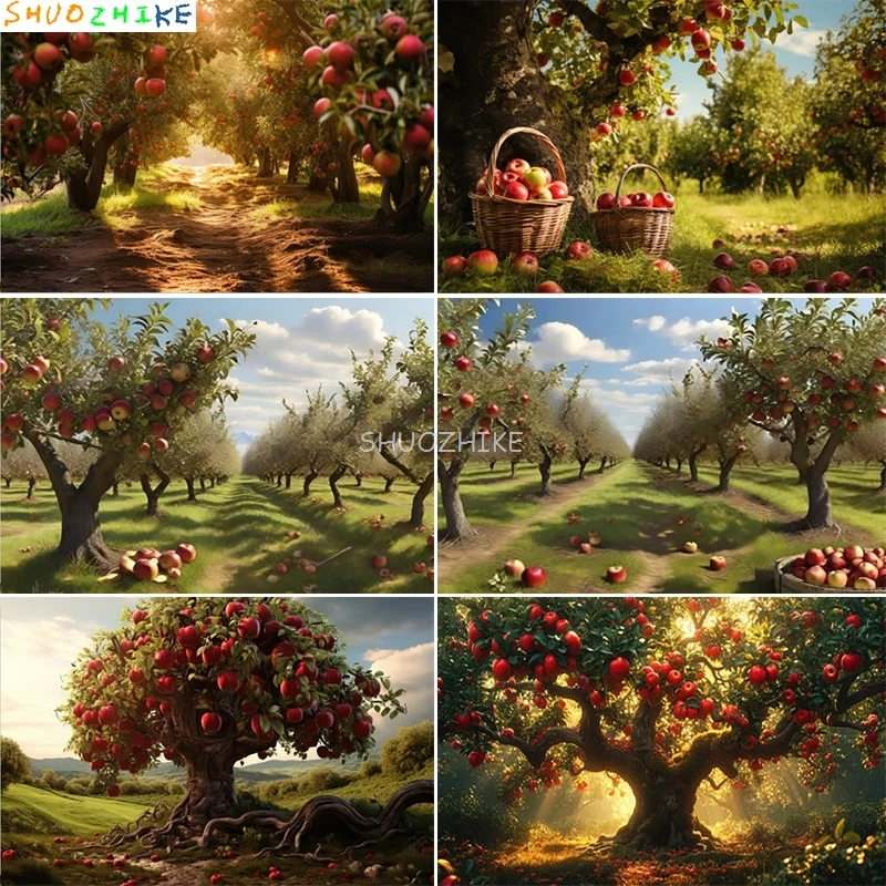 

Red Apples Tree Orchard Harvest Photography Backdrops Garden Sunlit Natural Tranquil Fruit Party Deco Photo Background PG-02