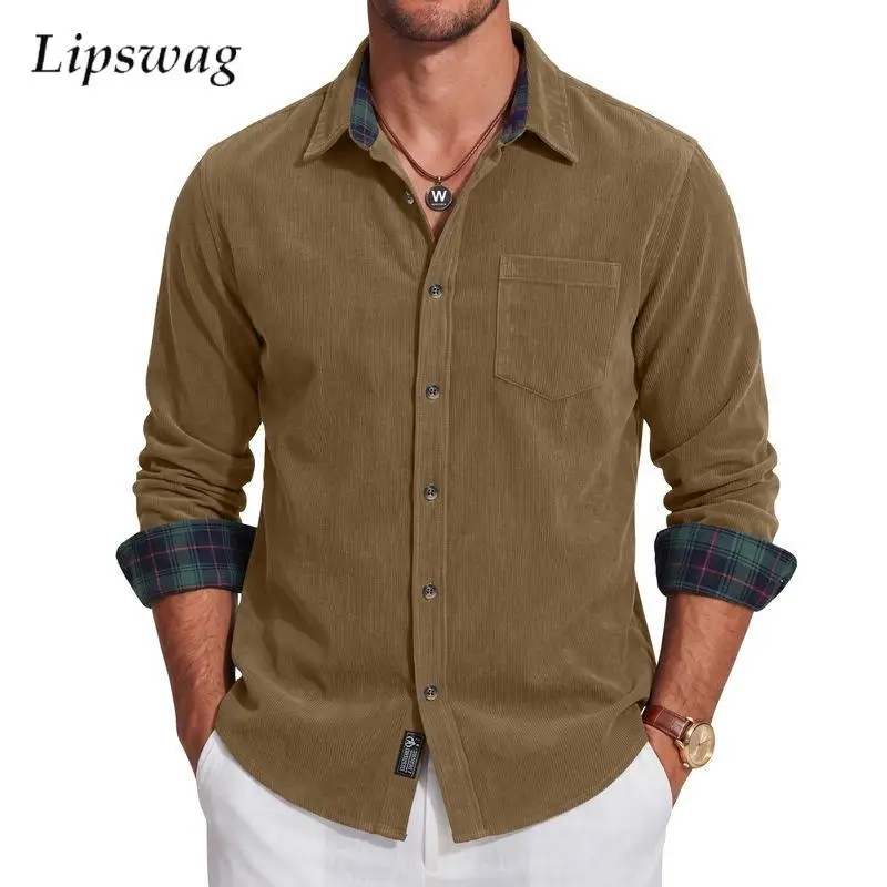 Fashionable Lapel Shirts Mens Fall Casual Corduroy Patchwork Plaid Pattern Design Shirt Tops Men Vintage Long Sleeve Cardigan