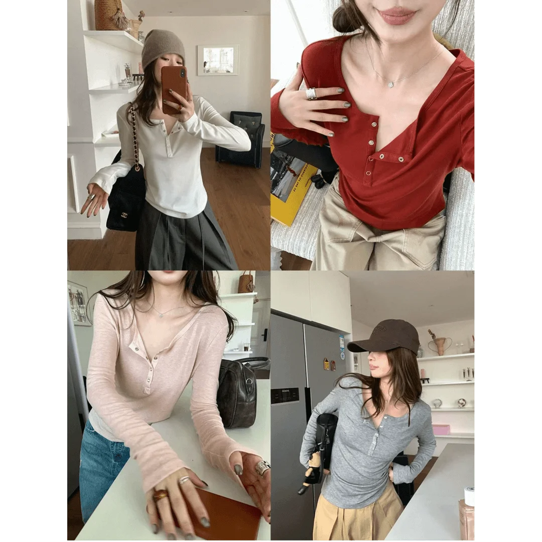 

Женская мягкая удобная повседневная блузка с эффектом похудения, длинным рукавом, воротником хенли, в классическом корейском стиле, Meveen MY40