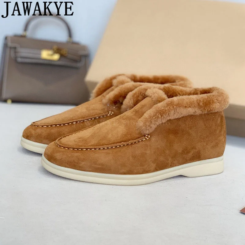 JAWAKYE Hot Sale Open Suede Flat Boots Women Nude Round Toe Wool Collar Designer Short Boots Winter Classical Famous Brand Boots