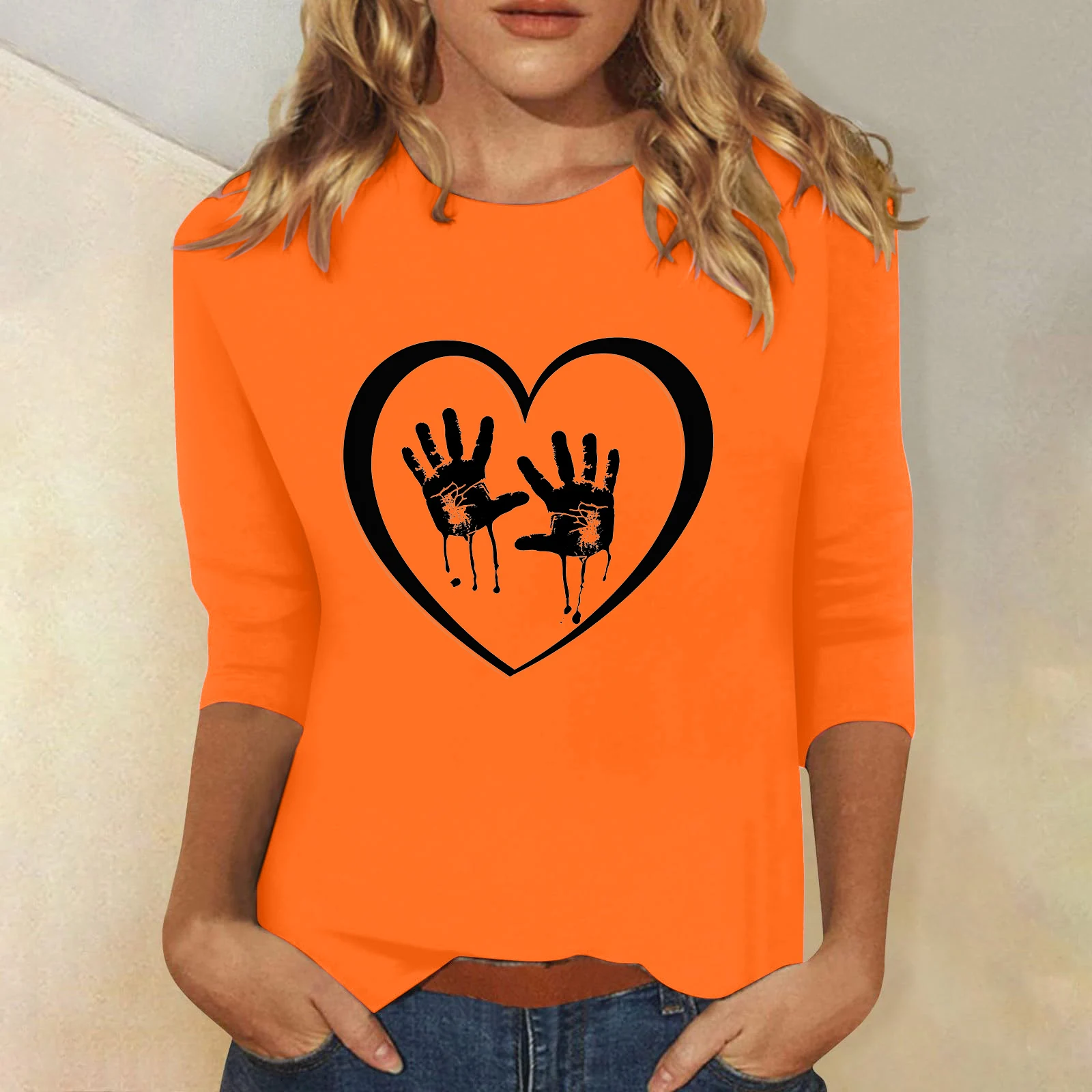 New Autumn Slimming Orange Long Sleeved T-shirt with Hand Drawn Printed Temperament Round Neck Tees Top for Women