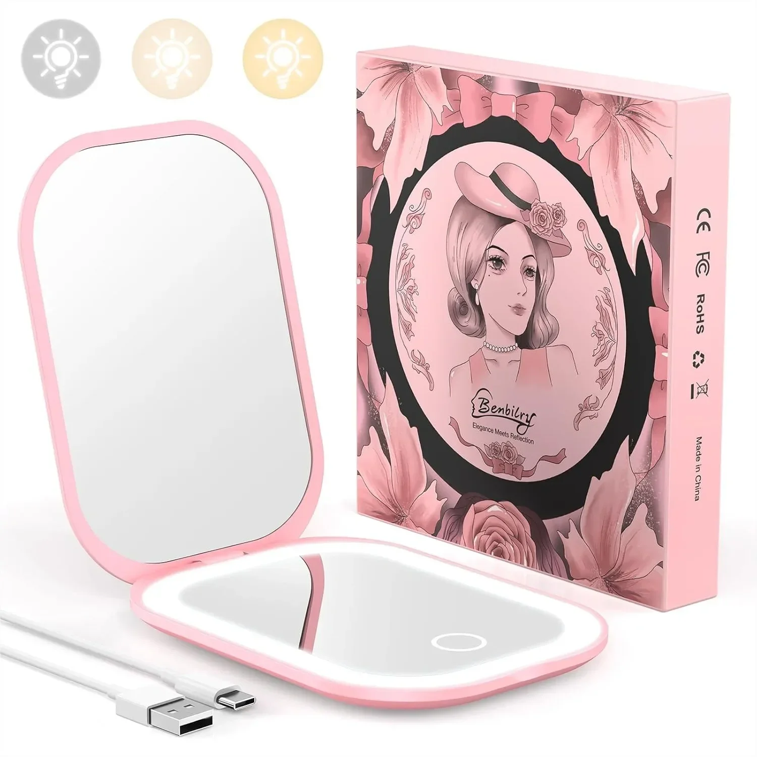 

Ultra Slim Pocket Mirror with Light, 1X/3X Magnifying LED Compact Travel Mirror with 3-Colored Dimming Lights for Purse