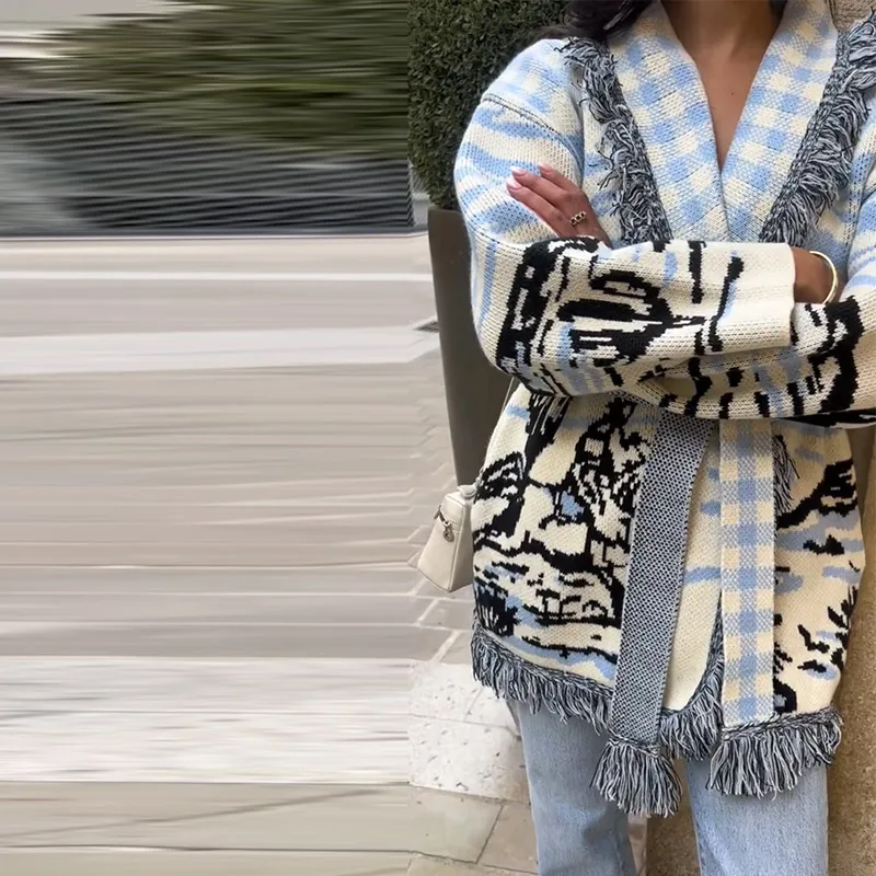 Jacquard Fringe Belted Wrap Knit Cardigan Lapel All Over Pattern Raw Fringe 2026 Autumn Winter Commute Lady Women Casual Coat 14 S934374acbe78493085727b4528e17928F