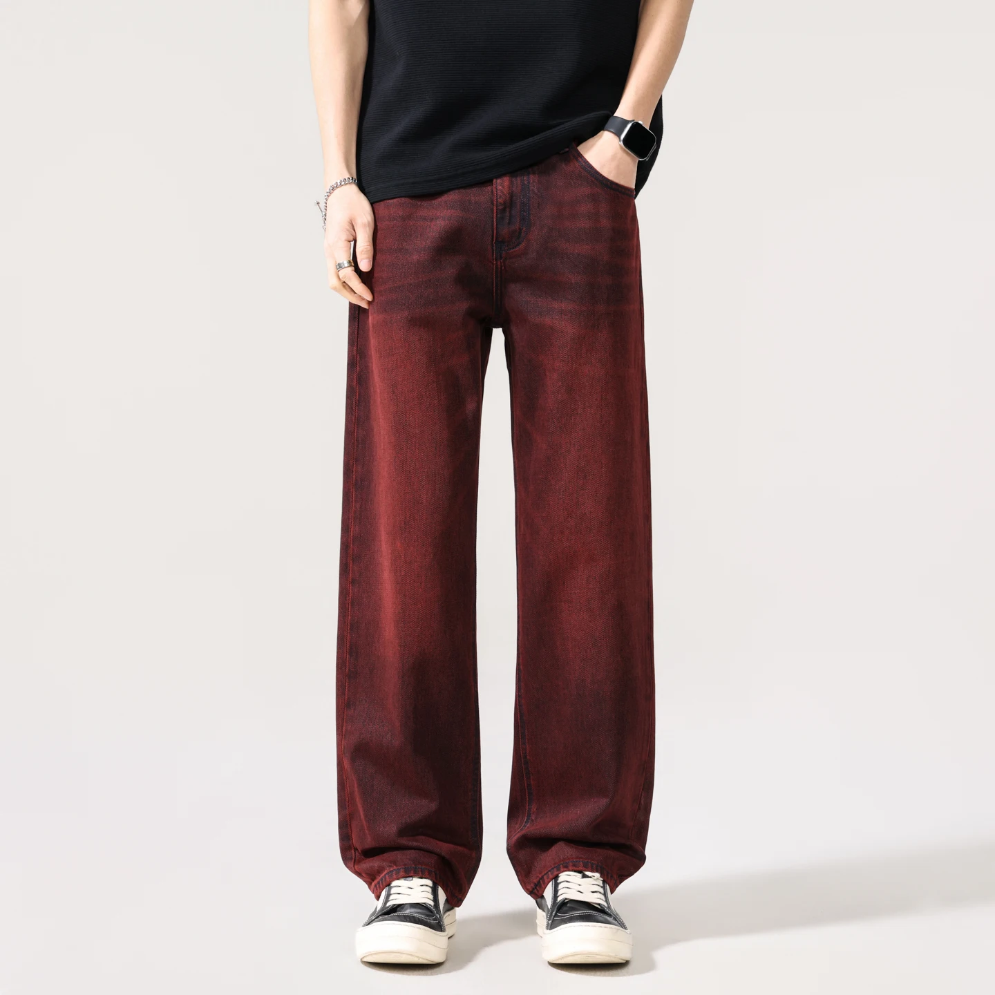 

Мужские джинсы красного цвета, винтажные, из выстиранного денима, свободного кроя, прямые, больших размеров, повседневные, в уличном стиле, брюки-джинсы