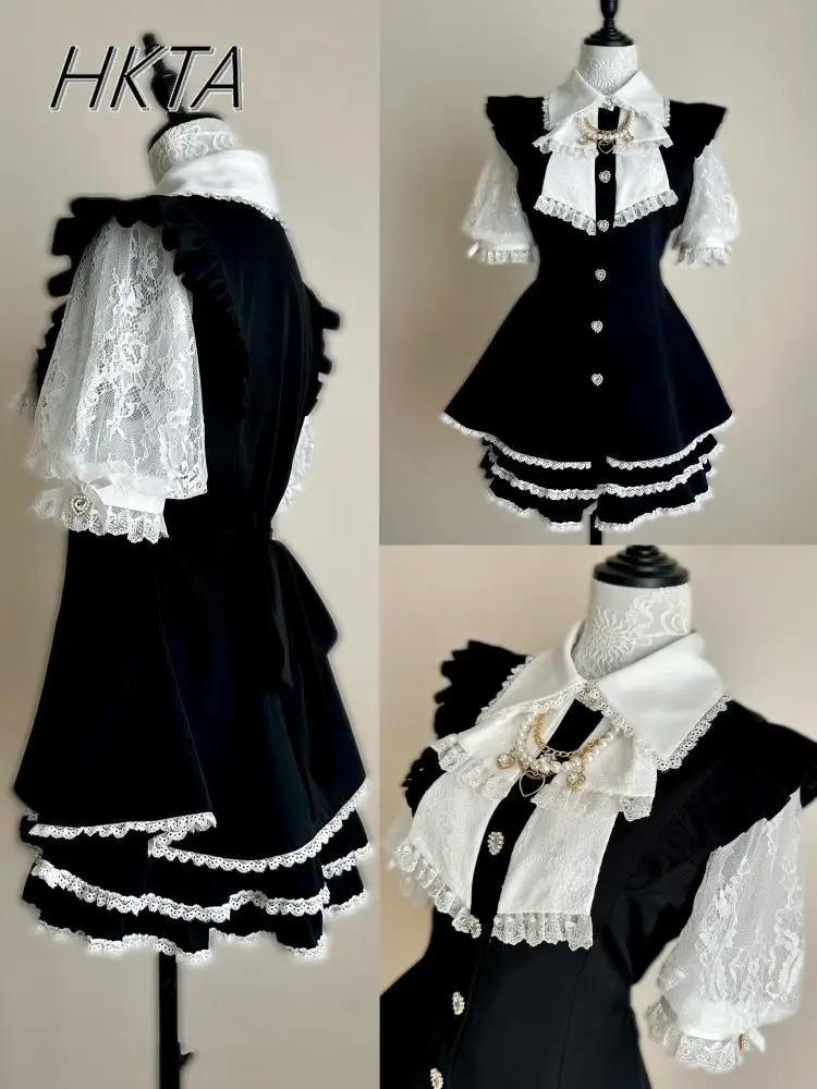 

Japanese Mine Series Dress Suit Female Punk Subculture Black White Color Matching Short-sleeve Dress Casual Shorts 2-piece Set