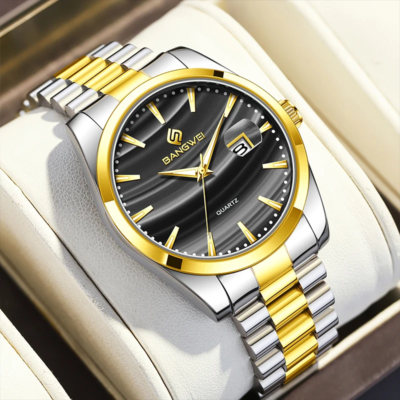 BANGWEI 2025 Gold Men Watch Stainless Steel Wrist Watch Calendar quartz wristwatch Luminous Watch for Men clock Montre Homme+BOX