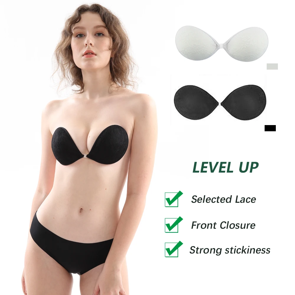 

Aedo White Lace Round Self-adhesive Invisible Bra Women Sticky Breathable Reusable Front Clasp Push-up Backless Nude Bra