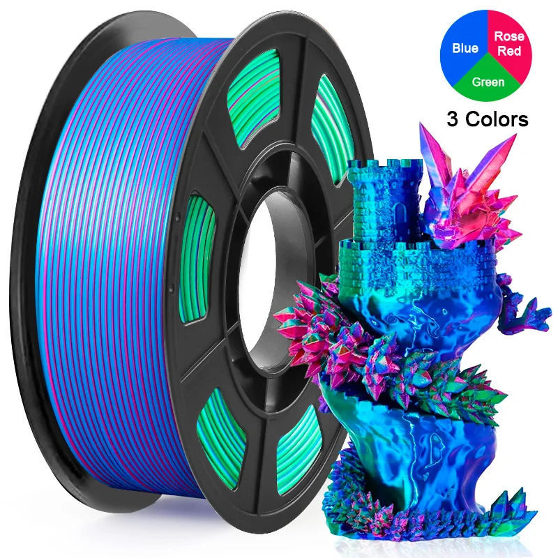 Tricolor Silk PLA 3D-printerfilament 1,75 mm 250 g (0,55 lbs) spoel, hoogwaardig printmateriaal voor de meeste FDM 3D-printers