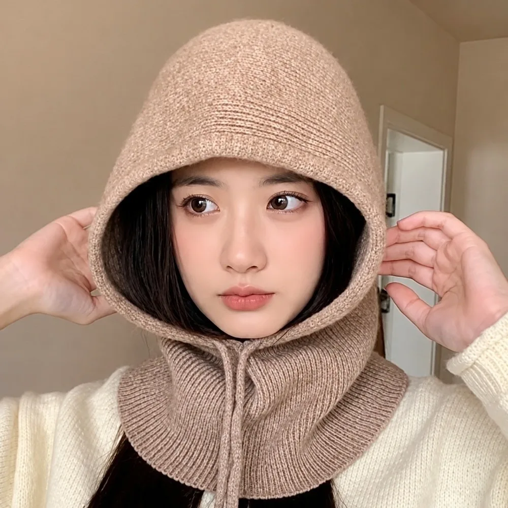 Thickened Knit Balaclava Hat Elastic Breathable Hooded Neck Warmer Ribbed Fleece Winter Visor Beanie Camping