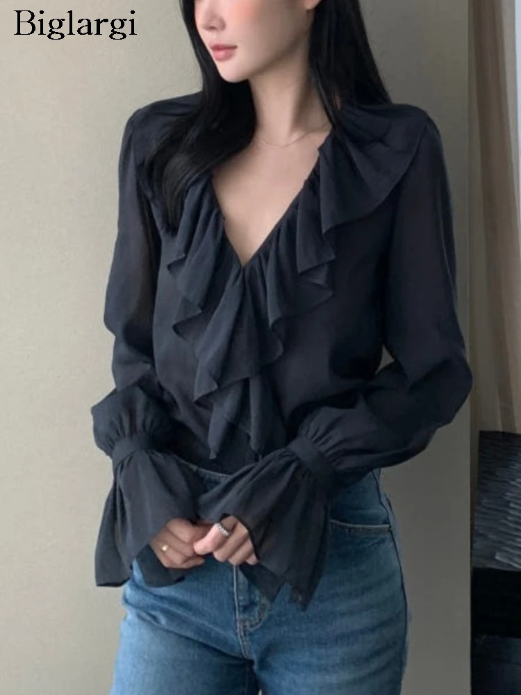 

Весенне-летние топы с v-образным вырезом, женские плиссированные лоскутные модные расклешенные женские блузки с длинными рукавами и рюшами, женские топы в корейском стиле