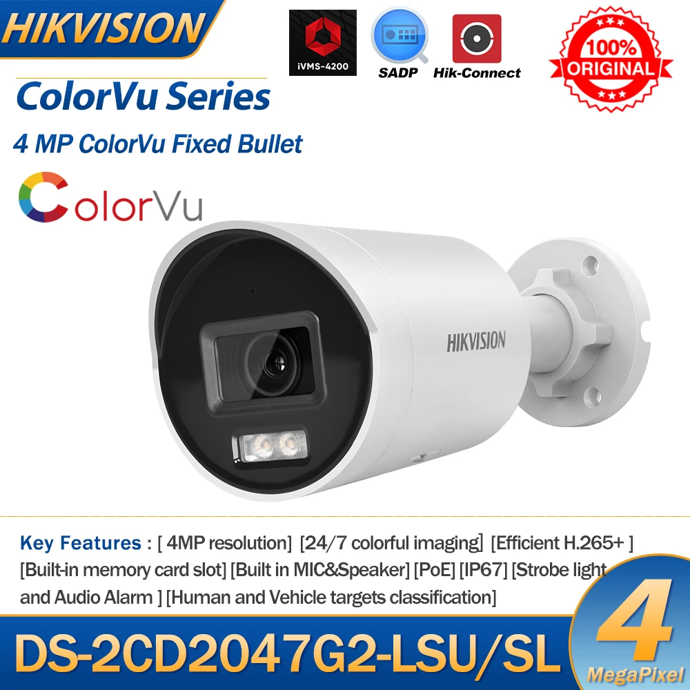 

HIKvision 4MP Bullet IP Camera DS-2CD2047G2-LU/SL ColorVu 2-way Audio Built-in MIC Speaker SD Card Slot CCTV Surveillance Camera