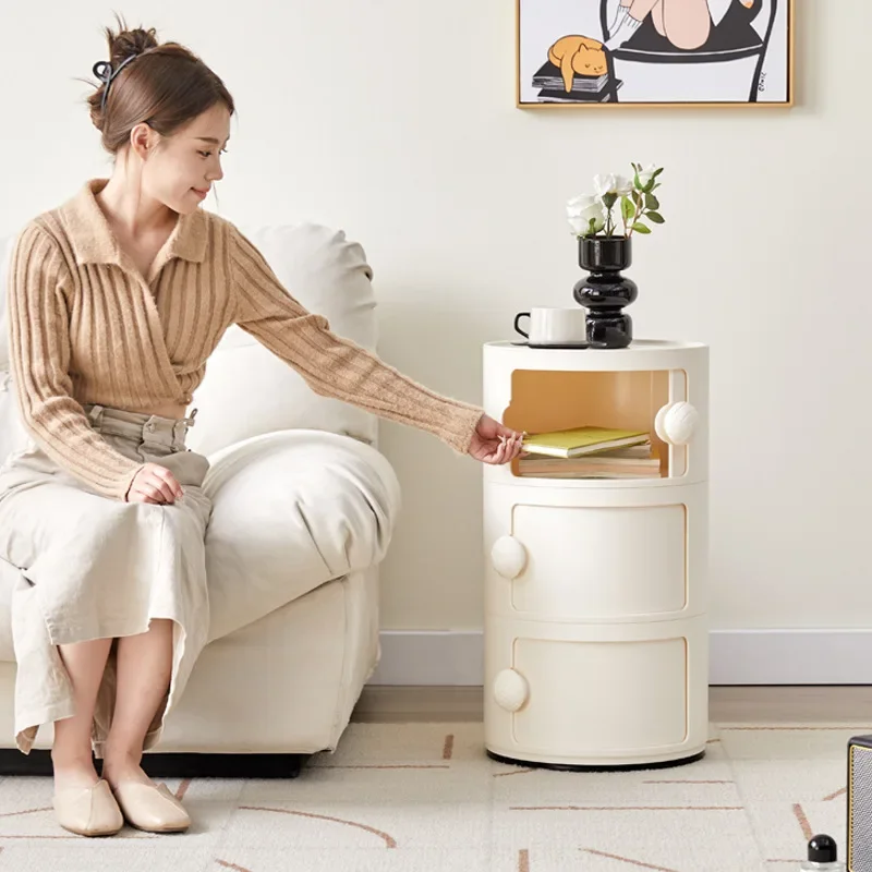 Nordic Bedside Table White Plastic Creative Small Cabinet Modern Mini Simple Circular Storage Side Cabinet Night Stand