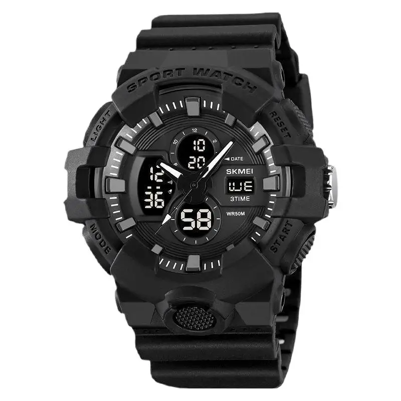 ساعة SkmeiMen الرياضية الخارجية الإلكترونية متعددة الوظائف بعرض مزدوج مضيئة مقاومة للماء بحركة مزدوجة إلكترونية
