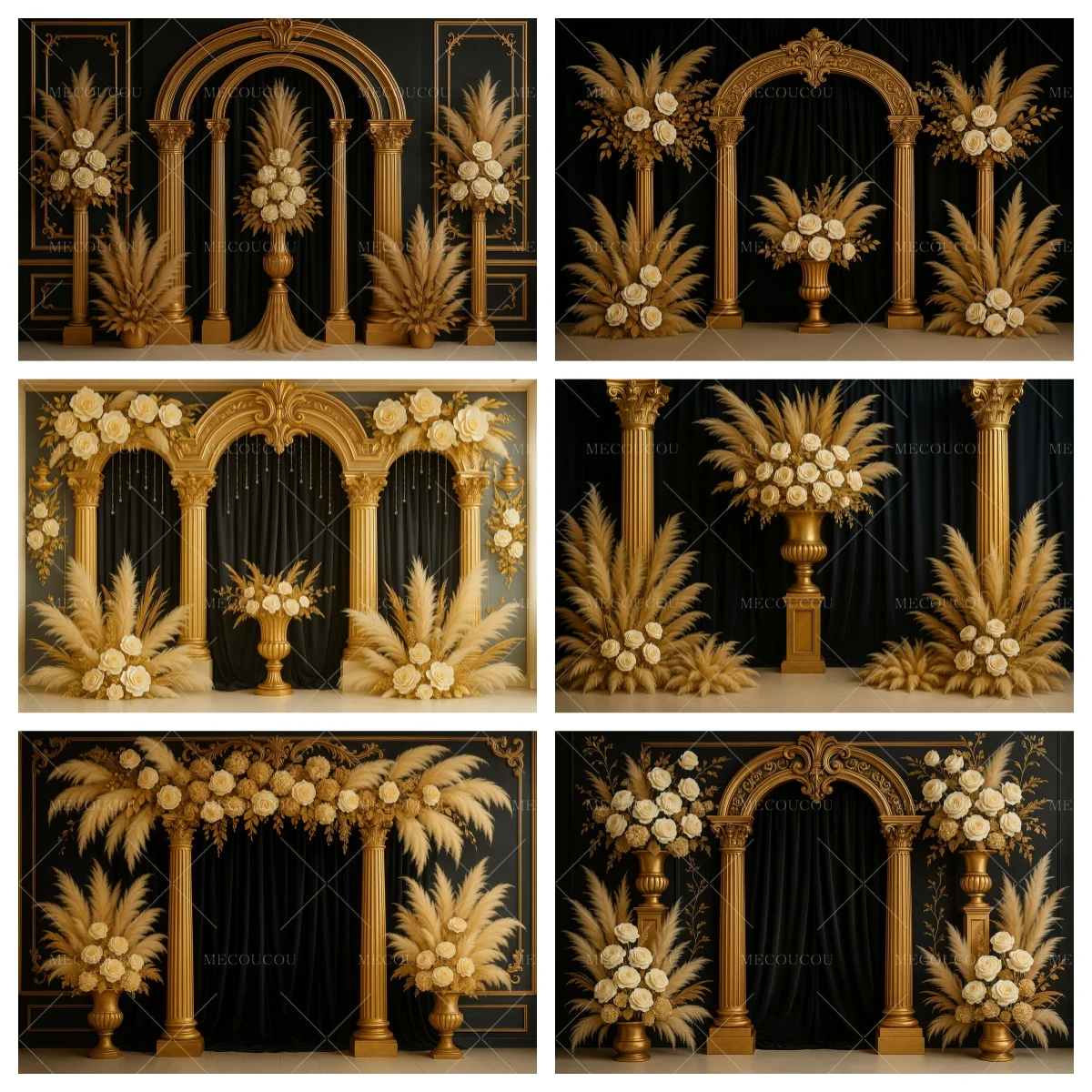 

Golden Arch Pillars Photography Boho Pampas Grass Flower Backdrop Birthday Wedding Party Decor Portrait Custom Background