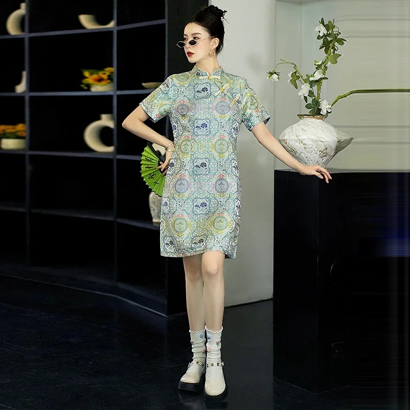 

Traditional Qipao Dress Chinese Style Blue Luxury Printed Improved Cheongsam Women's Loose and Fashionable