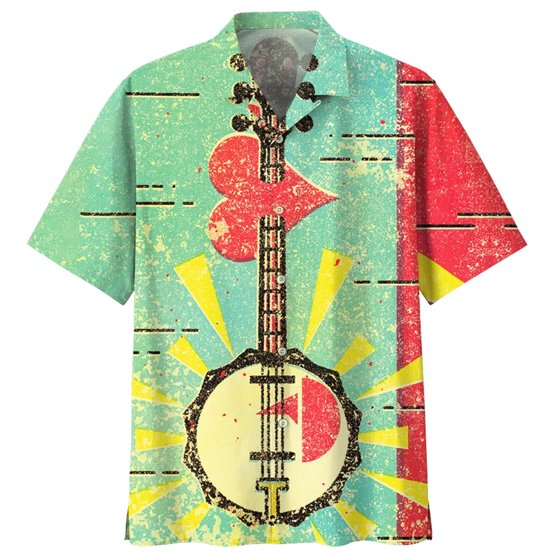 Banjo Guitar Pattern Aloha Shirt For Men 3D Printed Musical Instrument Button Blouse Loose Lapel Short Sleeve Hawaiian Shirts