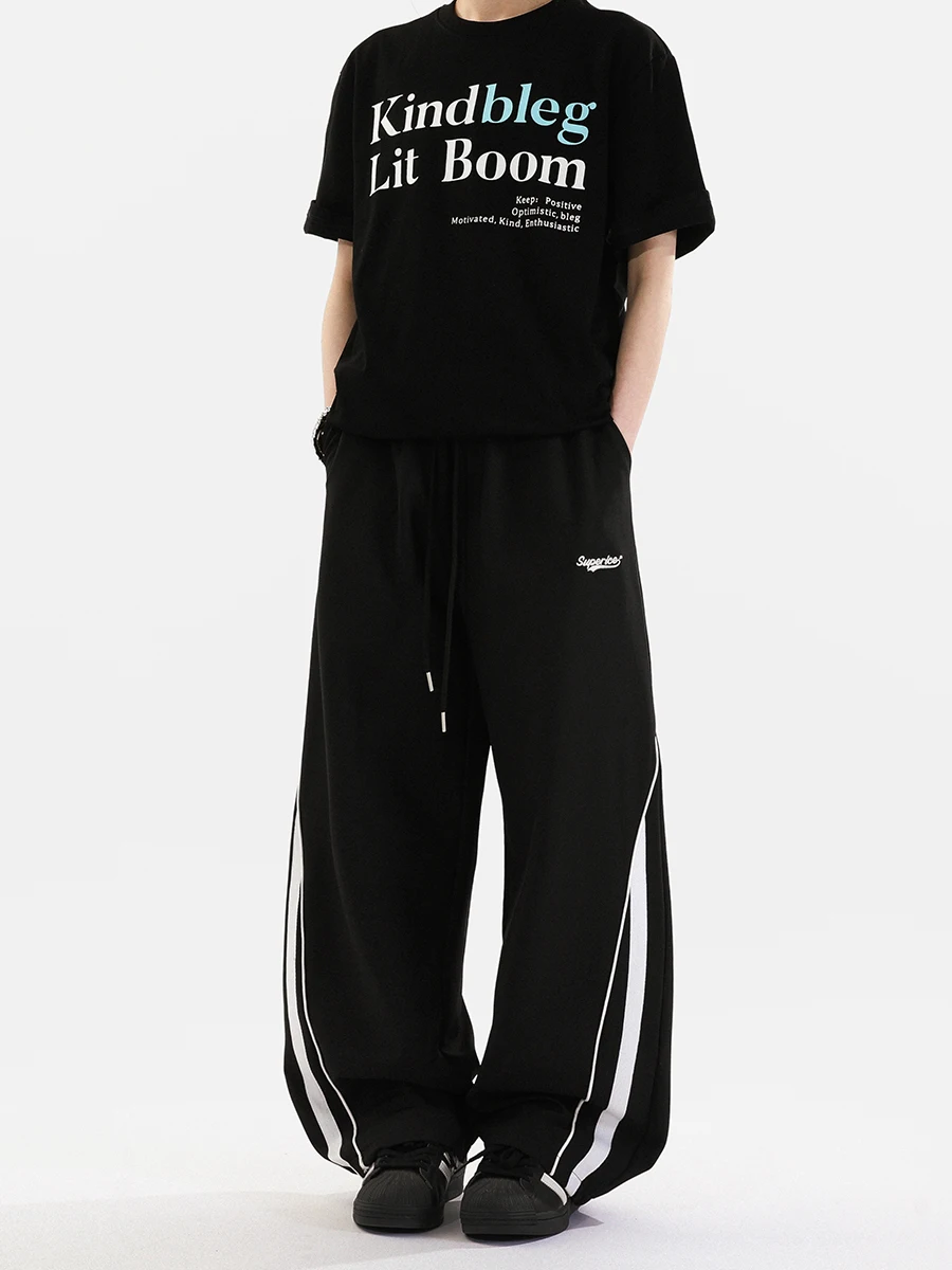 

BLXSRAVEN Retro Straight Leg Sports Pants ex Casual Striped Leisure Trousers Youthful Summer Thin Elastic Waisand