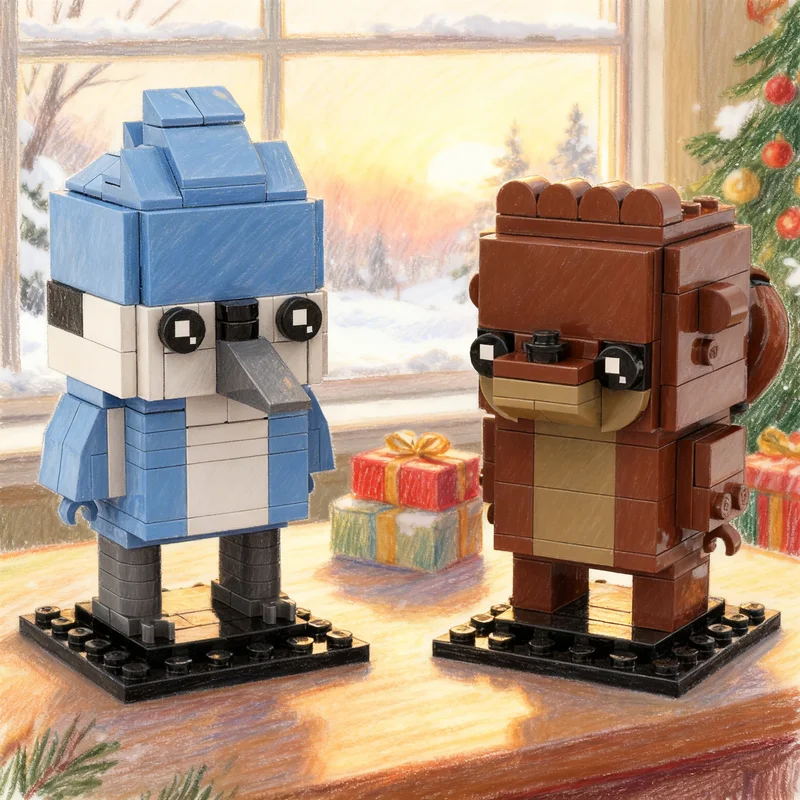 230pcs MOC Mordecai Rigby Brickheadz Regular Show Building Blocks Assembly Pack Display Model Starship Toy Gift For Collectors
