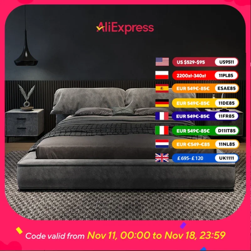 

Designer Gray Double Bed Bedroom Large Europen Modern Luxury Double Bed Queen Platform Wooden Camas De Dormitorio Furniture