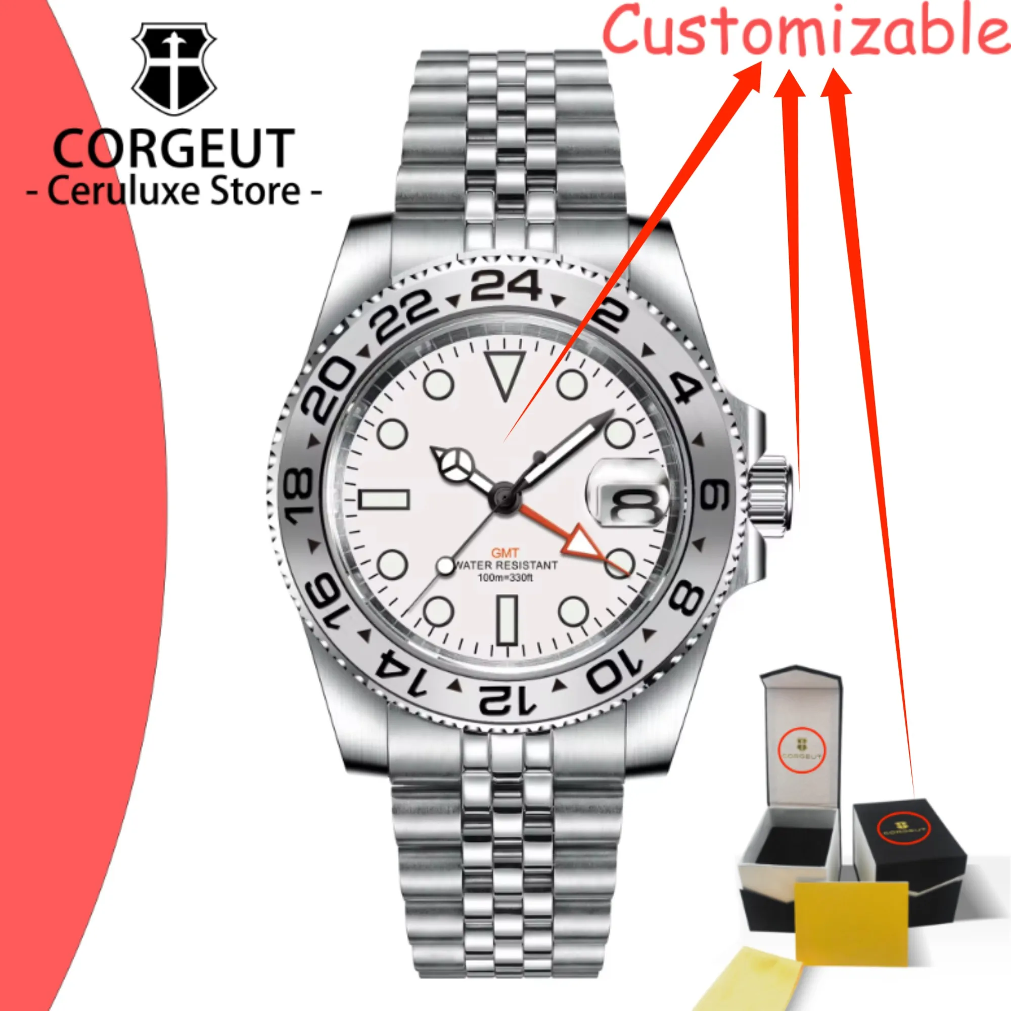CUSTOM Logo 40mm 515 GMT Quartz Wristwatch Stainless Steel Waterproof Luxury Men Watches Top Brand Sapphire Glass Reloj Hombre