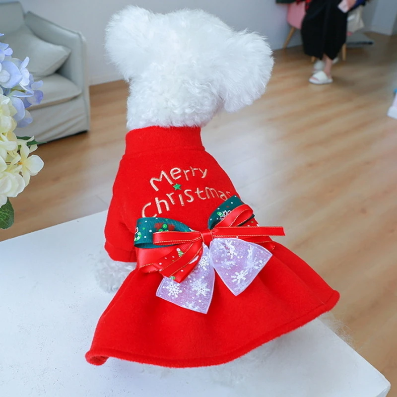 Merry Christmas Dress Pet Clothing Autumn Winter Dog Cat Dress Red Woolen Cloth Bow Dress Small -Medium Dogs