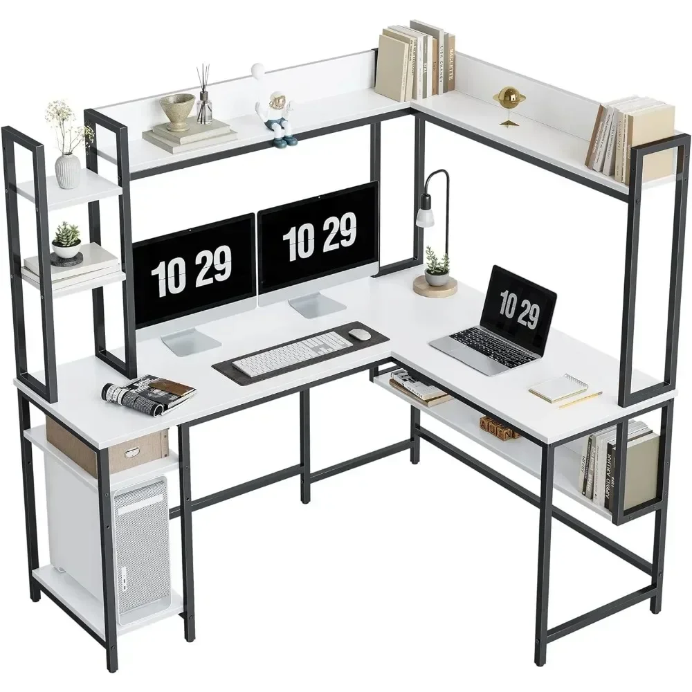 Large Home Office Desk With Bookshelf Computer Table Space-Saving L Shaped Gaming Desk With Hutch Study Standing Furniture