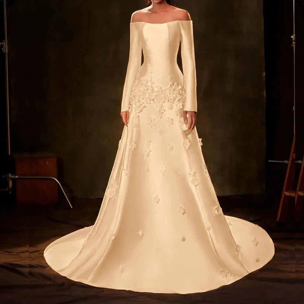 Luxury Appliques Evening Dresses Formal Long Sleeve Chapel Train Boat Neck Gowns Special Occasuin A-Line Birthday Party Dress