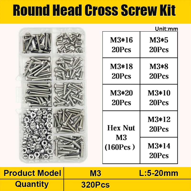 M1 M1.2 M1.4 M1.6 M2.5 M3 A2 304 Edelstahl Kreuzschlitz-Flachkopfschrauben Bolzen Muttern Kleine Maschinenschrauben Sortiment-Set – Detail 7