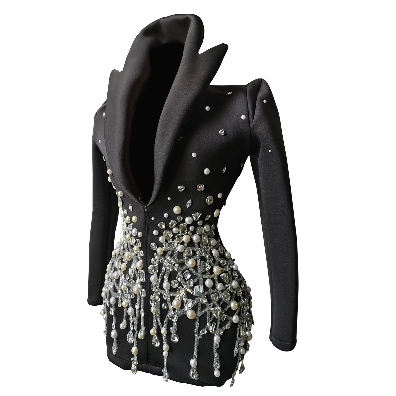 Luxury Rhinestone Black Dress Women Low Cut Western Costume Birthday Party Bar Stage Performance Dance Singer Queen Show Outfits