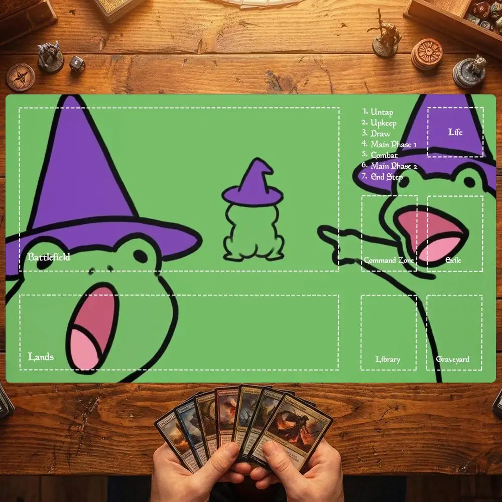 Magic Card Playmat TCG Playmat Green Frog Wizard Non-Slip Stitched Edge Cute Gaming Mats Tapete Magic Mat Card Pad