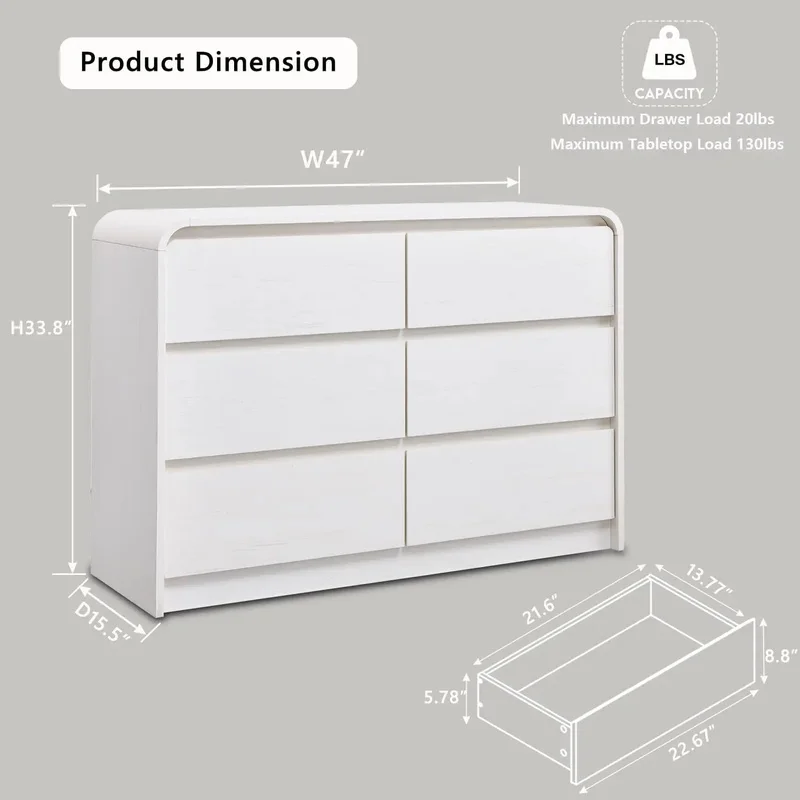 

Modern 6-Drawer Dresser, 47" Wide Wooden Chest with Curved Design, Natural Texture for Bedroom Storage.