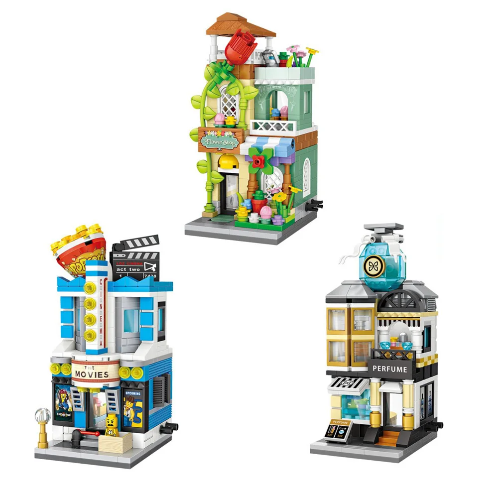 

City Street View IDea Building Bricks Perfume Flower Wedding Dress Shop Movie Theater Mini Block Toy Collection For Gifts