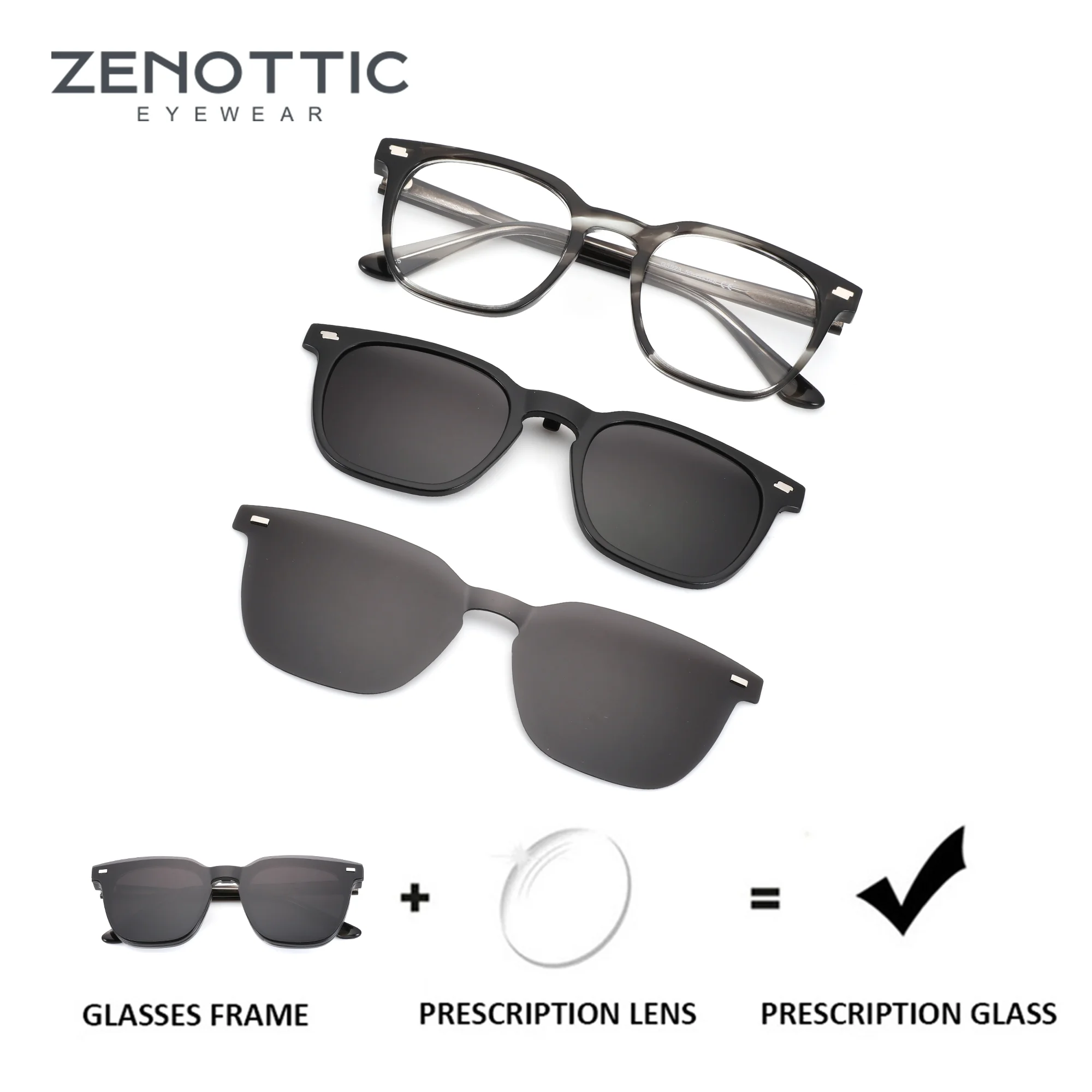 

ZENOTTIC（L Size）Magnetic Clip Prescription Glasses for Men Square Retro Acetate Sunglasses Attachment