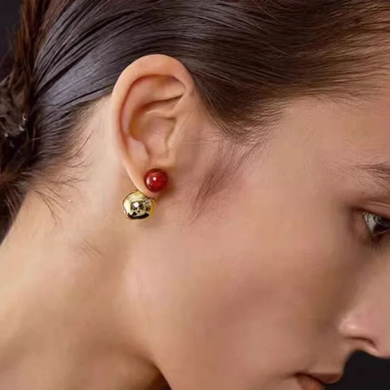 

Jenny&dave Red Agate Gold And Silver Ball Earrings, Simple And Fashionable Earrings Jewelry Earrings Women's Earrings Ear Cuffs